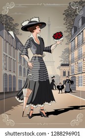 A girl with an umbrella and a bouquet of roses on Paris street. Belle Epoque vintage poster from Paris. Handmade drawing vector illustration. All objects are grouped and divided into layers.