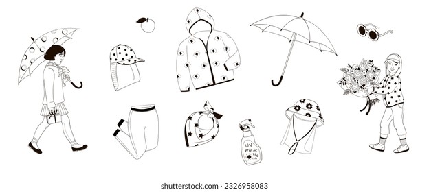 girl with umbrella  and boy with bouquet of roses flowers , set elements about protective measures against the solar radiation and UV ultraviolet in the city life black and white vector illustration