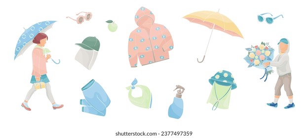 girl with umbrella  and boy with bouquet of roses flowers , set elements about protective measures against the solar radiation and UV ultraviolet in the city life