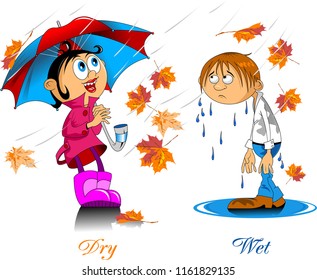 Girl with an umbrella and a boy without rain, vector and illustrator
