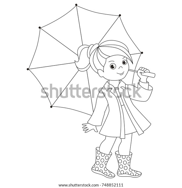 Girl Umbrella Cartoon Colorless Outlined Illustration Stock Vector ...