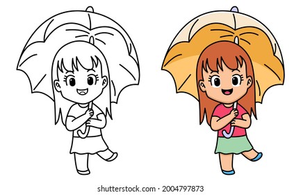 girl with umbrella coloring page for kids