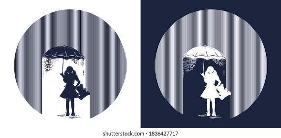 Girl with umbrella costs in rain tattoo. Symbol of protection of children, depression. T-shirt design. Psychology and  philosophy, stress concept. Black and white vector graphics 