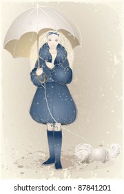 The girl with an umbrella and a dog.
