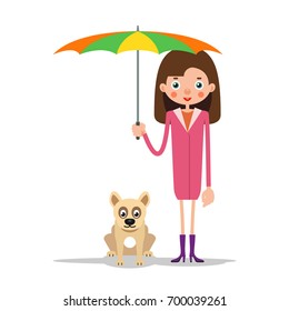 Girl with umbrella and dog. Woman is standing and holding an open umbrella, and next to her is a dog. Illustration in flat style. Isolated. Vector