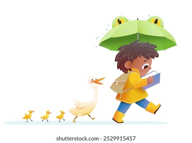 Mädchen mit Schirm und Ente Familie zu Fuß und lesen ein Buch unter dem Regen, tragen gelbe Regenjacke. Kinder und Tiere Illustration und Charakter-Design. Kinder, Vektorcartoon, einzelne ClipArt.