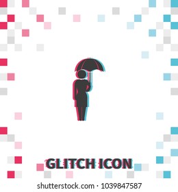 Girl with umbrella  glitch effect vector icon.