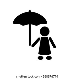 Girl with umbrella. Icon. Logo or emblem. Black color silhouette.