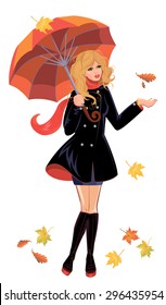 Girl with umbrella isolated on white background, autumn season.