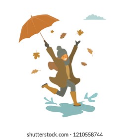 girl with umbrella jumping jumping for joy, fall autumn seasonal vector illustration scene
