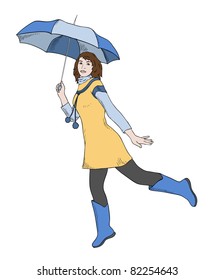 girl with umbrella jumping, vector