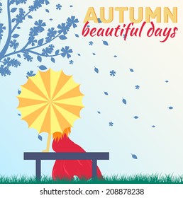 Girl with umbrella observing the fall foliage in a autumn beautiful day background concept. Vector illustration design