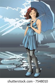 The girl with a umbrella on a background of the cloudy sky waits for a rain.