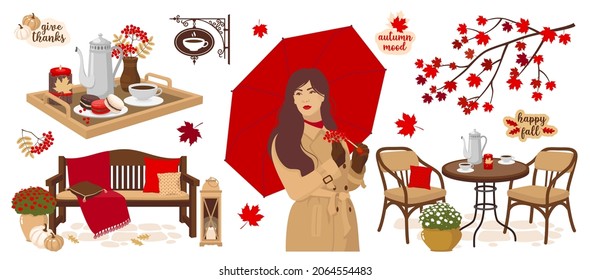 Girl, umbrella, outdoor cafe, tables, benches, chairs, autumn leaves, forged sign. Vector set, white background, isolated.
