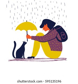 Girl with umbrella protects a cat. Cartoon vector illustration. 
