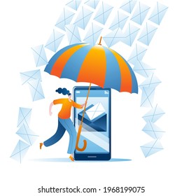 The girl with the umbrella protects the mail server on the smartphone from spam. Vector illustration on the topic of cybersecurity and combating malicious mailings.