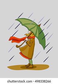 Girl with umbrella in the rain. Blue background.