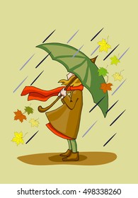 Girl with umbrella in the rain. Gray background.