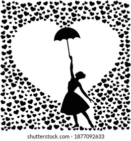 Girl with an umbrella in the rain of hearts