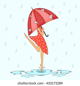 Girl with an umbrella in the rain jumps in puddles. Illustration for card. Vector illustration.