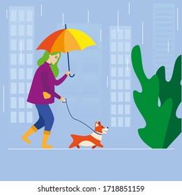 A girl with an umbrella in the rain walks with a dog in the city. Vector illustration, flat design. Postcard, poster, wallpaper, cover, web.