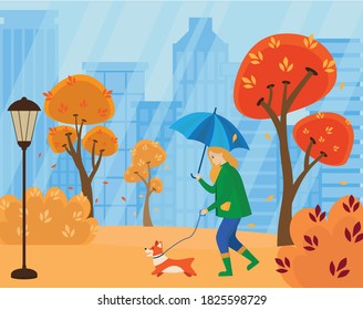 A girl with an umbrella in the rain walks with a dog in an autumn city park. Vector illustration, flat design. Suitable for postcards, poster, covers, web.