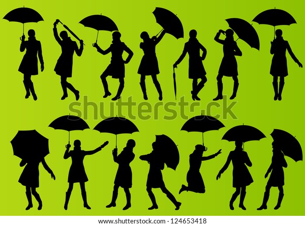 詳細な編集可能なシルエットイラストコレクション緑の背景に傘と雨合羽の少女 のベクター画像素材 ロイヤリティフリー
