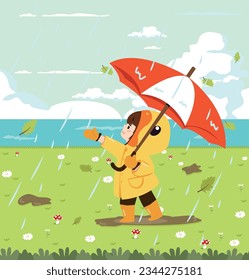 girl with umbrella and raincoat In The Fields