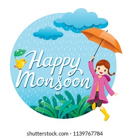 Girl With Umbrella And Raincoat Jumping In The Rain Playfully On Circle Frame, Monsoon, Rainy Day, Season, Raindrop, People, Relationship, Soaked