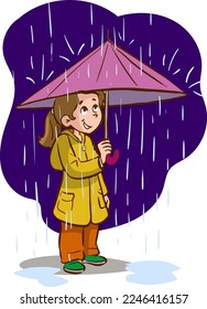 girl with umbrella in rainy weather cartoon vector