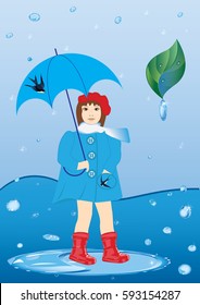 Girl with umbrella in a red rubber boots standing in a puddle in the rain green leaf with rain drops art creative vector illustration Spring Poster