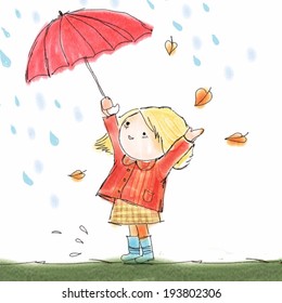 Girl with umbrella rejoices in the rain Vector illustration.