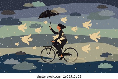 Girl with umbrella rides bicycle among clouds, holding dove bird of peace near her heart. Vector.