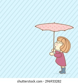 Girl with umbrella standing under pouring rain. (rubber boots, pink raincoat, umbrella with floral print)