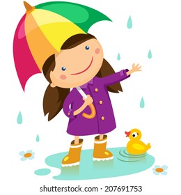 girl with an umbrella standing under the rain in a puddle