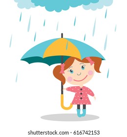 Girl with umbrella standing under the rain. Vector Illustration
