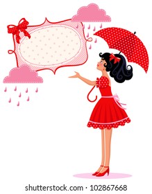 girl with umbrella under a frame with clouds and raindrops