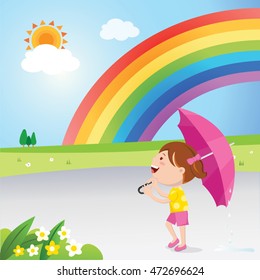 Girl with umbrella under the rainbow. Vector illustration of a little girl with umbrella stands after the storm.