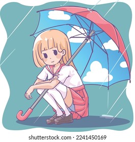 girl with umbrella waiting in rainy day