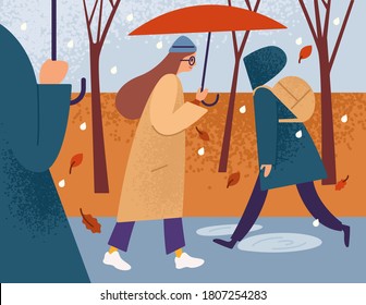 Girl with umbrella walking alone in the street among hurrying passersby in the autumn rain. Single woman character in raincoat promenade in fall rainy weather. Flat cartoon vector illustration