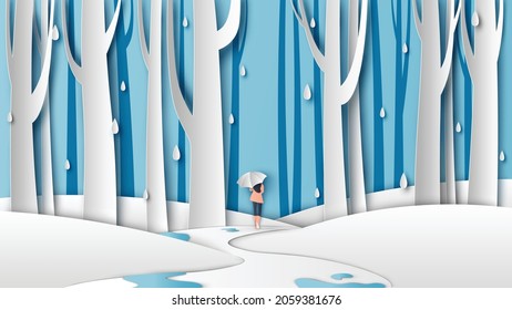 Una chica con paraguas caminando por un sendero serpenteando por la selva tropical. Paisaje de temporada de lluvias. corte de papel y estilo artesanal. vector, ilustración.