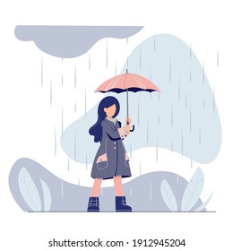 A girl with an umbrella walking in the rain. Stylish young woman in a violet coat. Rainy wet weather.