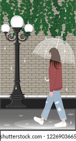 Girl with umbrella walks along brick wall, street lamppost, grape branches - vector