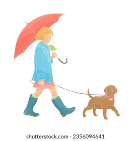 girl with an umbrella walks with a dog