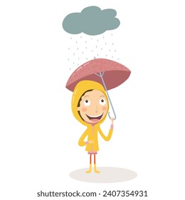 Girl with an umbrella and yellow raincoat raining outside. Vector Illustration.