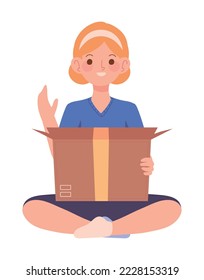 girl unboxing delivery package icon isolated