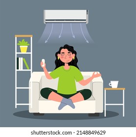 Girl under the air conditioner enjoys the coolness of heating ventilation and air conditioning Vector illustration isolated