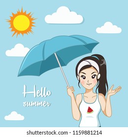 Girl under blue umbrella for protection uv rays and sun.