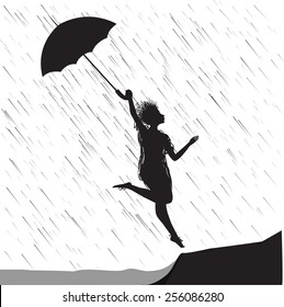 girl under the rain holding umbrella and jumping through the puddle, white background, strong wing is blowing, silhouette