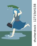 girl under the rain with leaf vector illustration